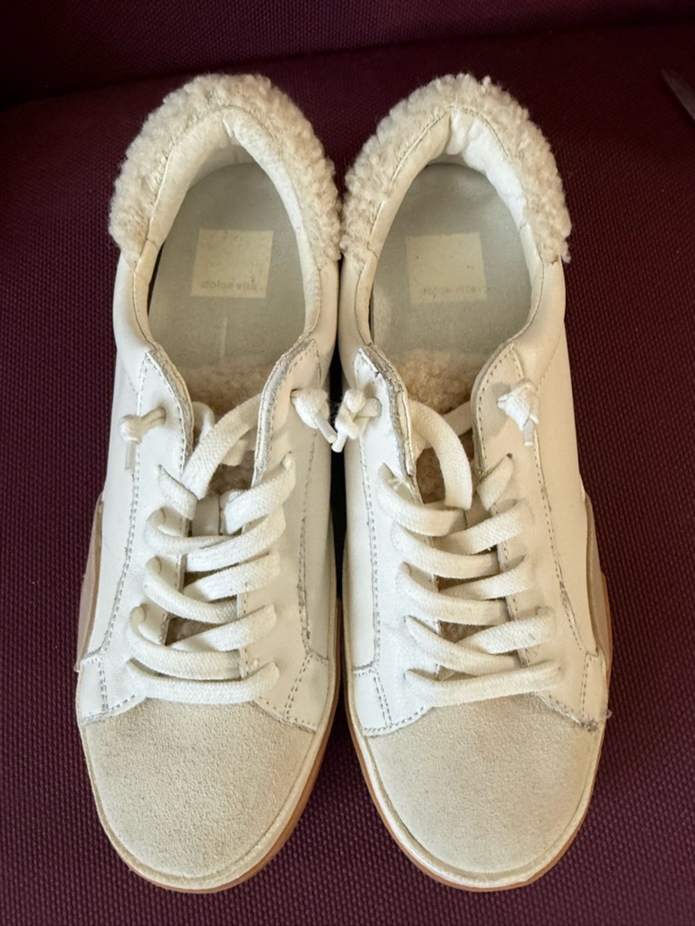 Dolce Vita Cream Lace-Up Sneakers with Shearling Trim